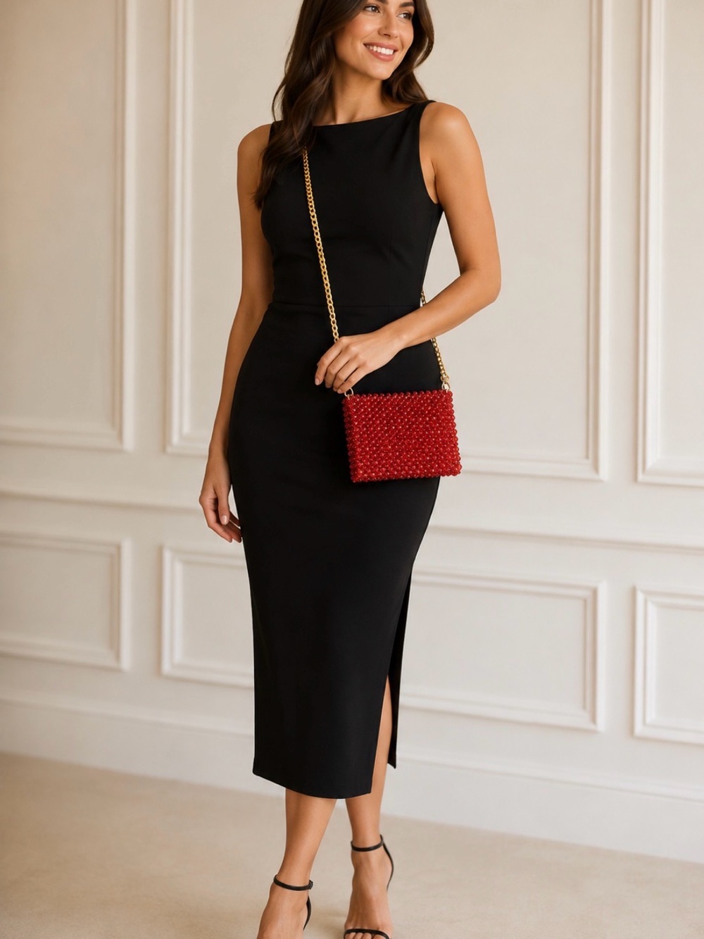 Beaded Red Crossbody Bag with Gold Chain Strap